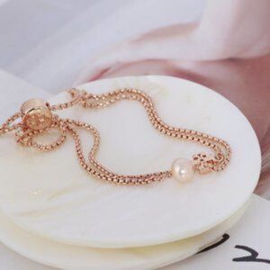NWOT Tory Burch Rose Gold Logo Pearl Slider Adjustable Bracelet